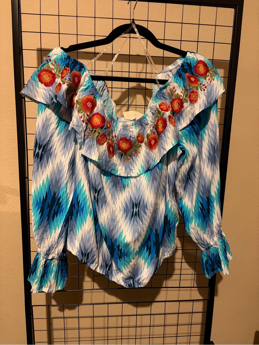Savanna Jane 2x Embroidered Off-Shoulder Floral Ruffle Blouse in Blue